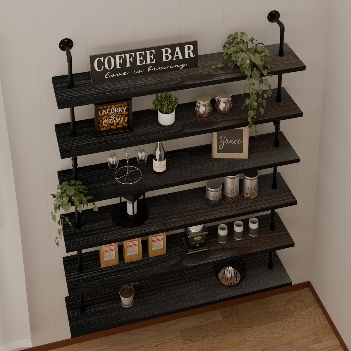 HDDFER Industrial Pipe Floating Shelves, 48 Inch Rustic Wood Wall Shelf