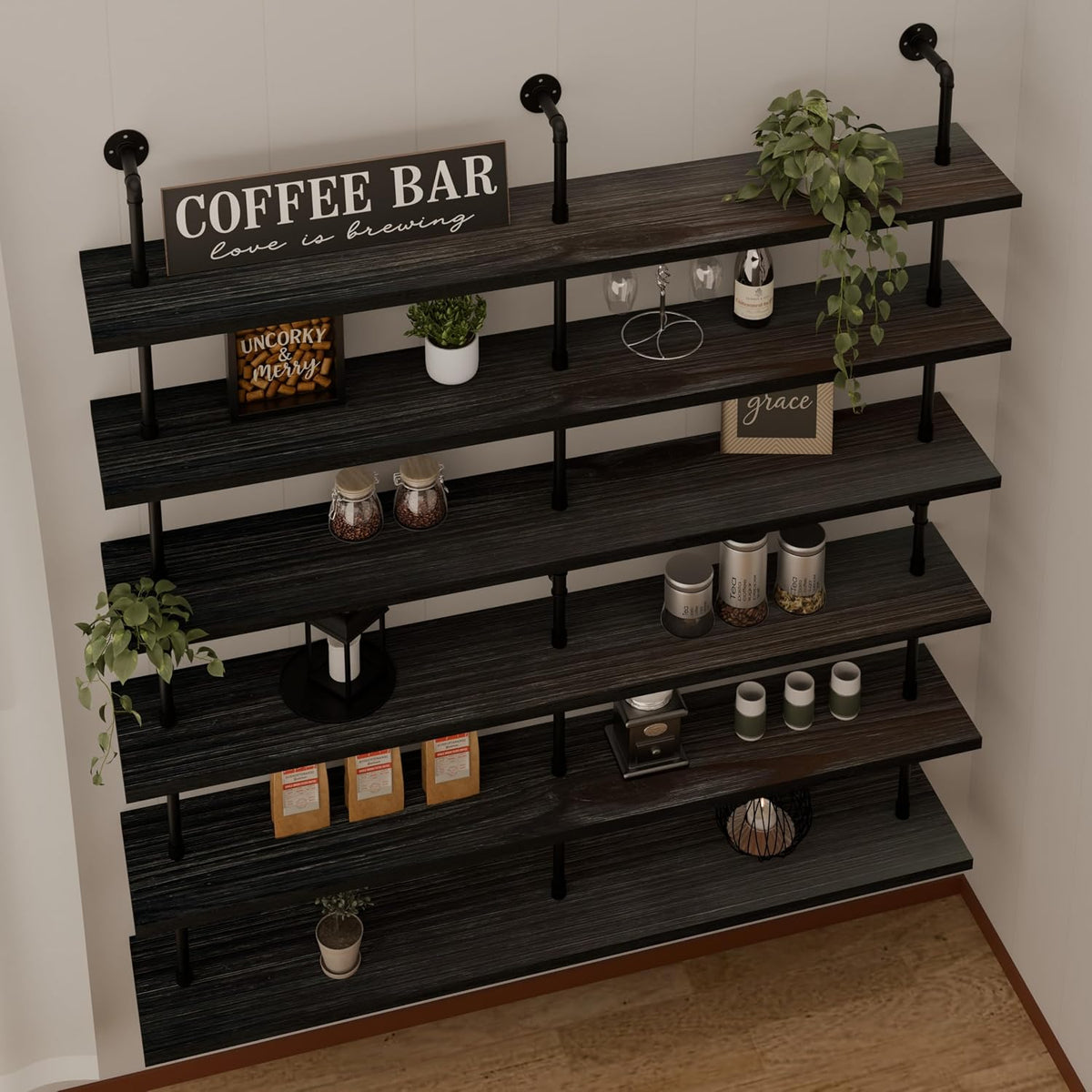 HDDFER Industrial Pipe Floating Shelves, 48 Inch Rustic Wood Wall Shelf