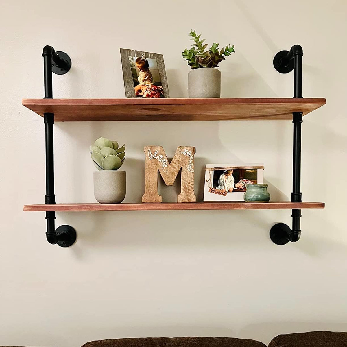 HDDFER Industrial Pipe Floating Shelves, 48 Inch Rustic Wood Wall Shelf