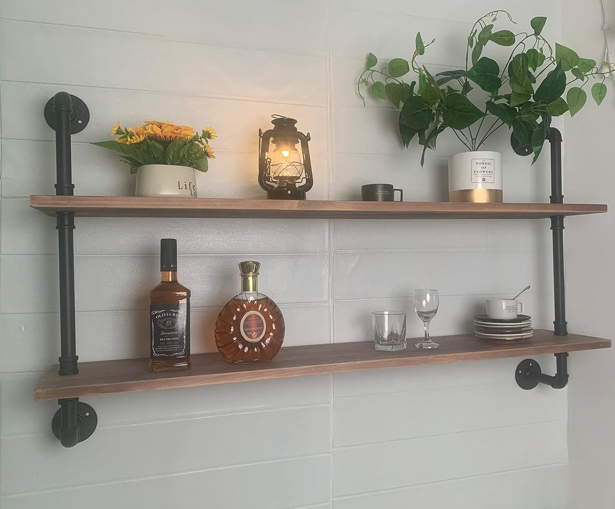 HDDFER Industrial Pipe Floating Shelves, 48 Inch Rustic Wood Wall Shelf