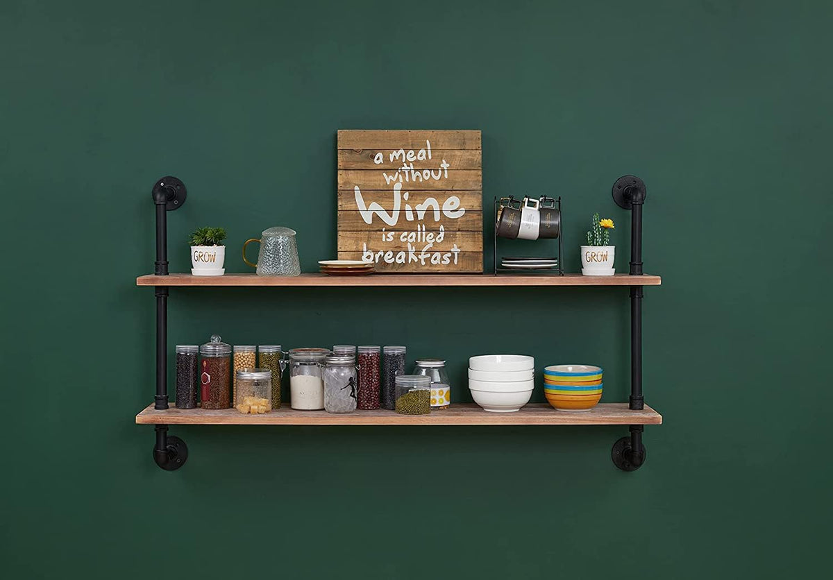 HDDFER Industrial Pipe Floating Shelves, 48 Inch Rustic Wood Wall Shelf