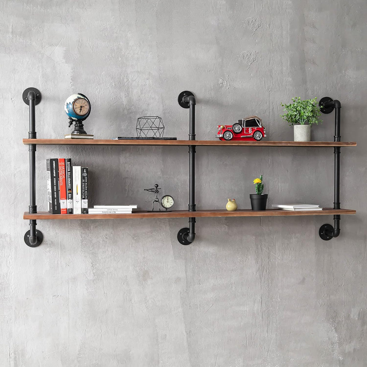 HDDFER Industrial Pipe Floating Shelves, 48 Inch Rustic Wood Wall Shelf