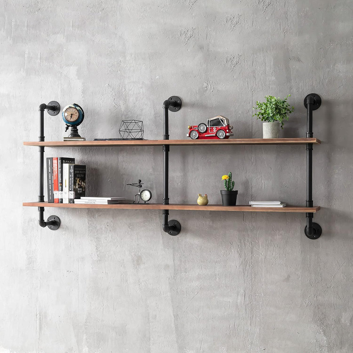 HDDFER Industrial Pipe Floating Shelves, 48 Inch Rustic Wood Wall Shelf