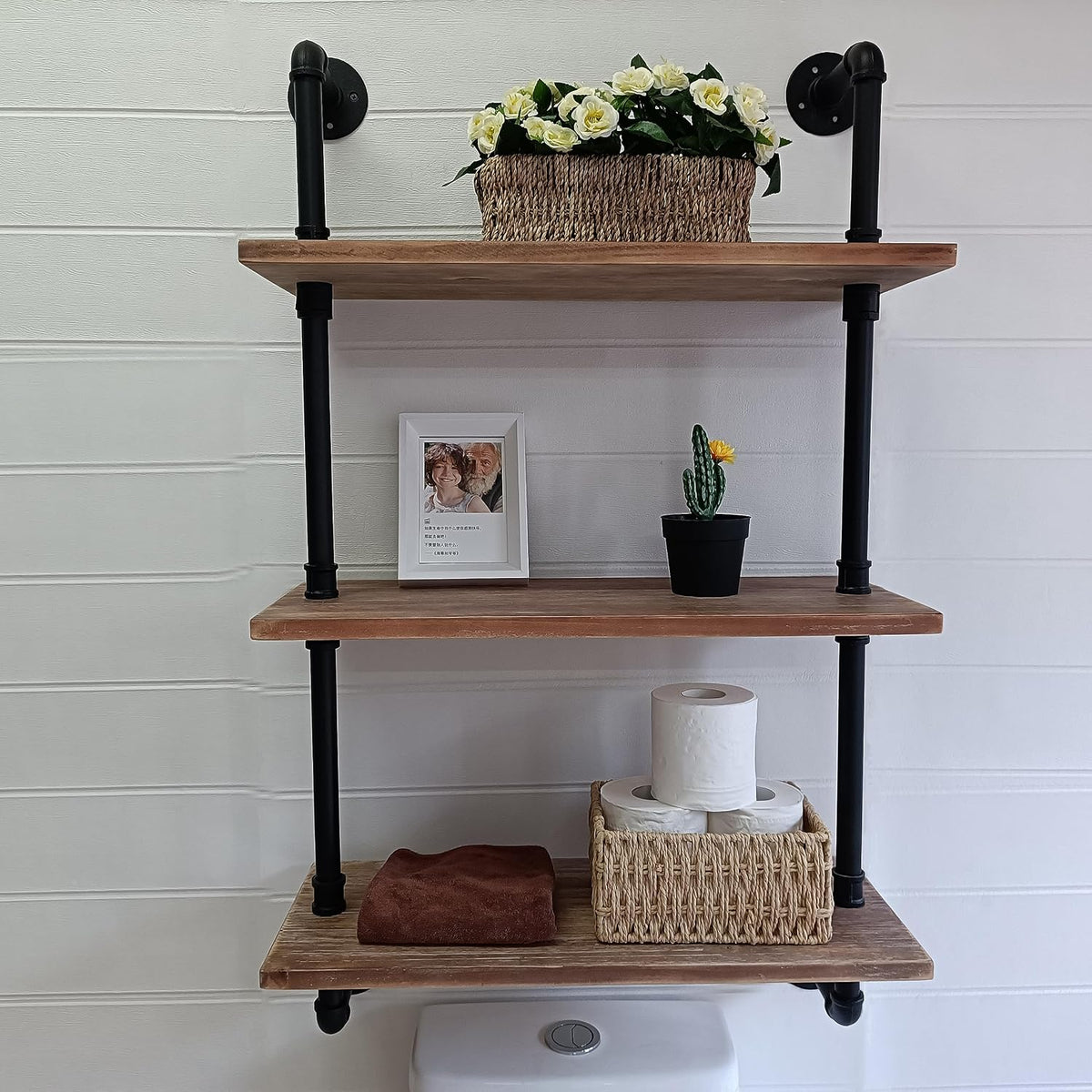 HDDFER Industrial Pipe Floating Shelves, 48 Inch Rustic Wood Wall Shelf
