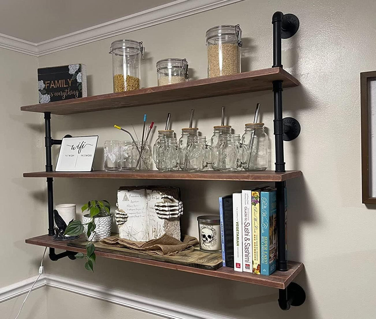 HDDFER Industrial Pipe Floating Shelves, 48 Inch Rustic Wood Wall Shelf