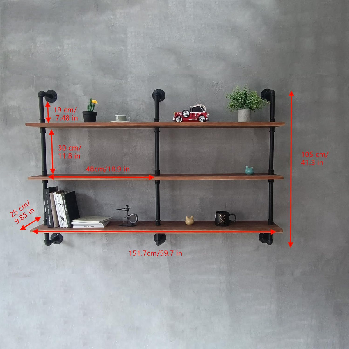 HDDFER Industrial Pipe Floating Shelves, 48 Inch Rustic Wood Wall Shelf