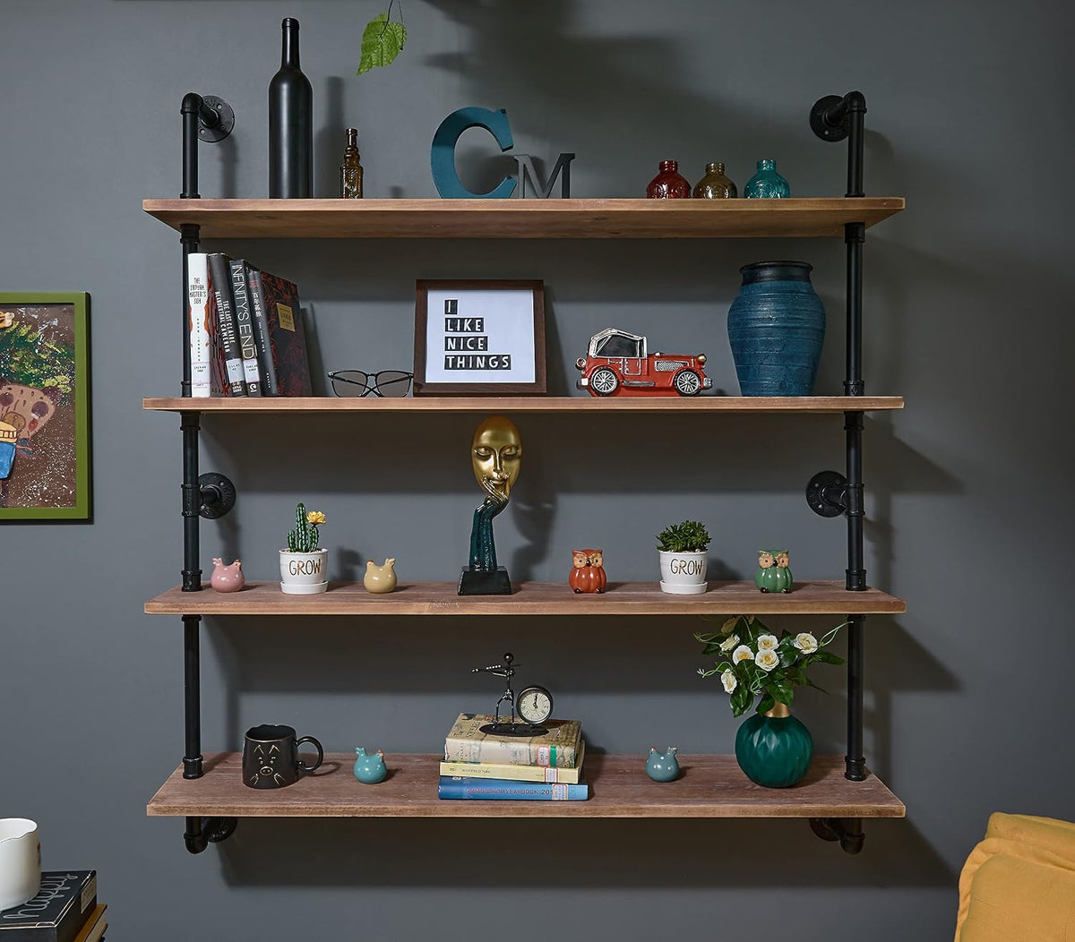 HDDFER Industrial Pipe Floating Shelves, 48 Inch Rustic Wood Wall Shelf