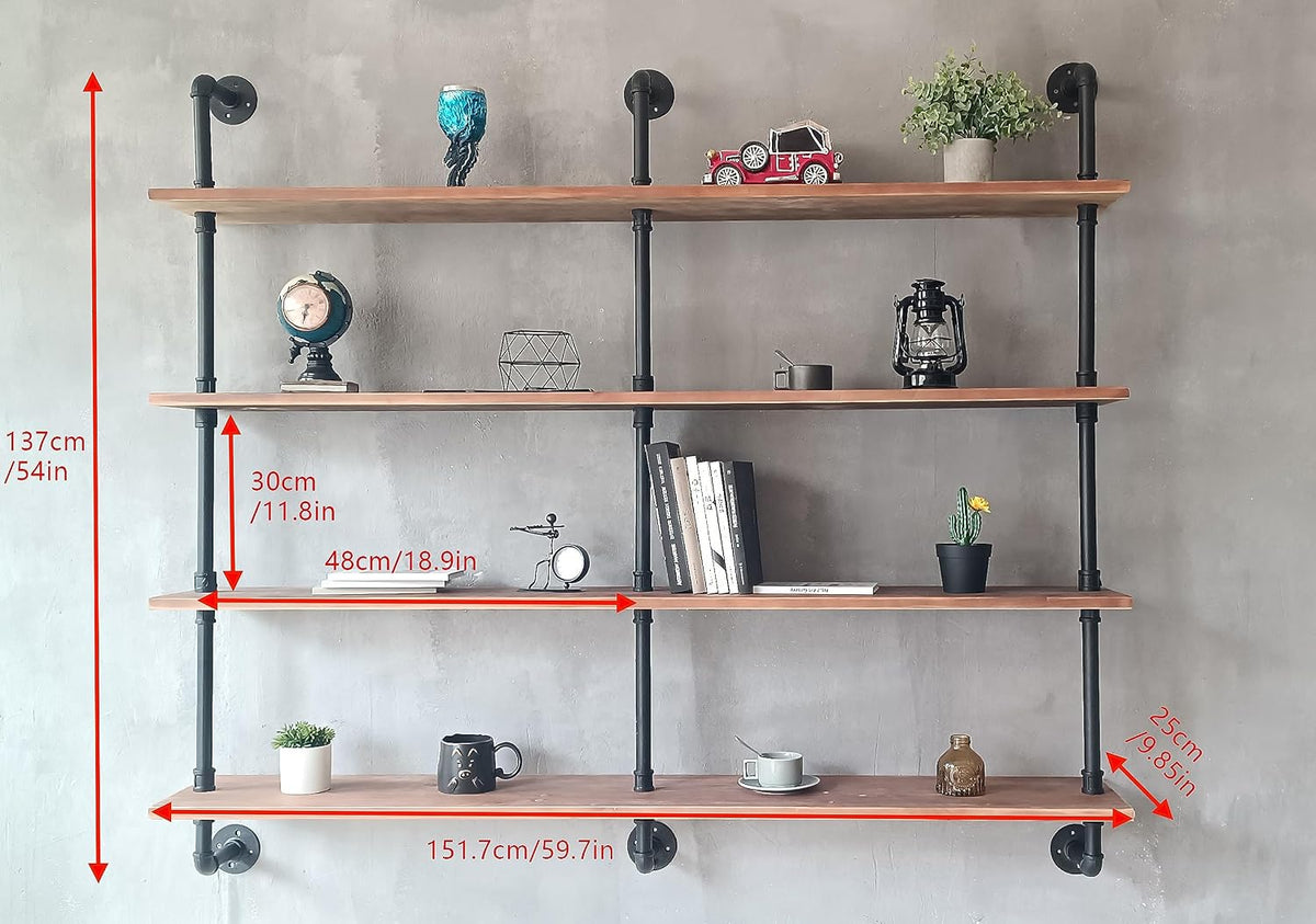 HDDFER Industrial Pipe Floating Shelves, 48 Inch Rustic Wood Wall Shelf
