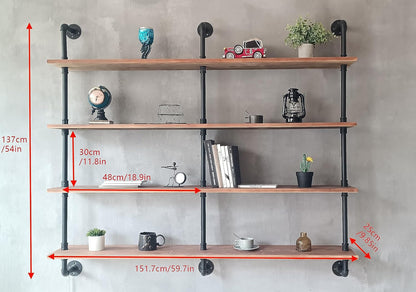HDDFER Industrial Pipe Floating Shelves, 48 Inch Rustic Wood Wall Shelf