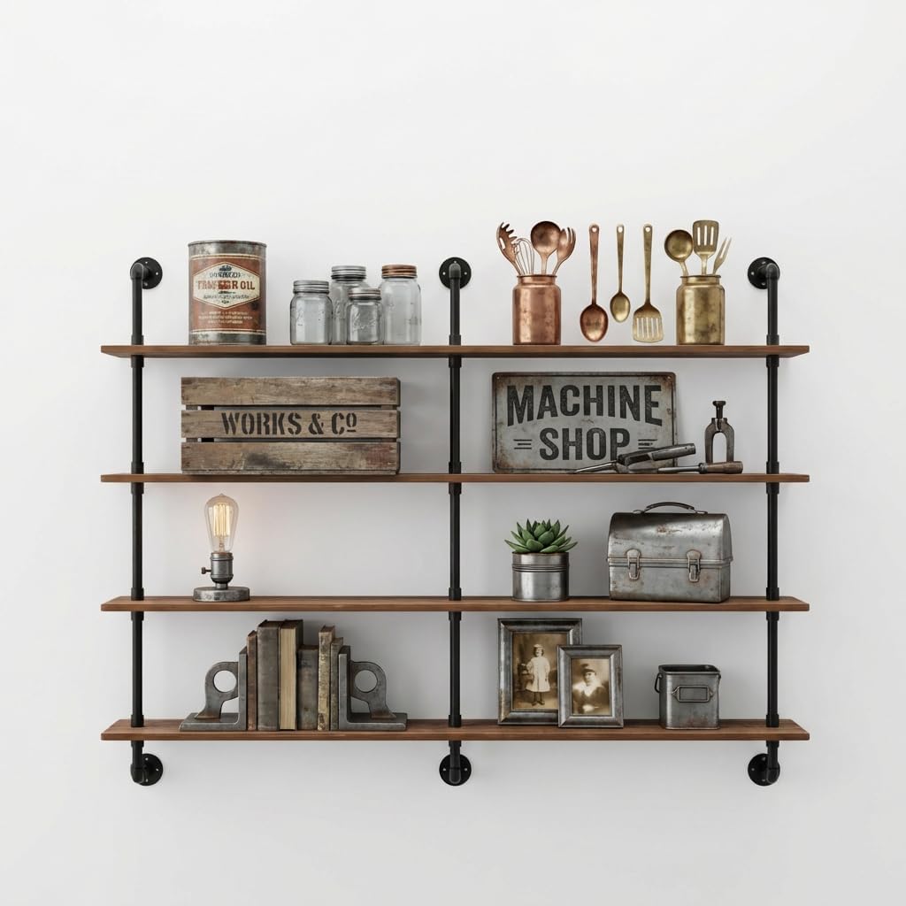 HDDFER Industrial Pipe Floating Shelves, 48 Inch Rustic Wood Wall Shelf