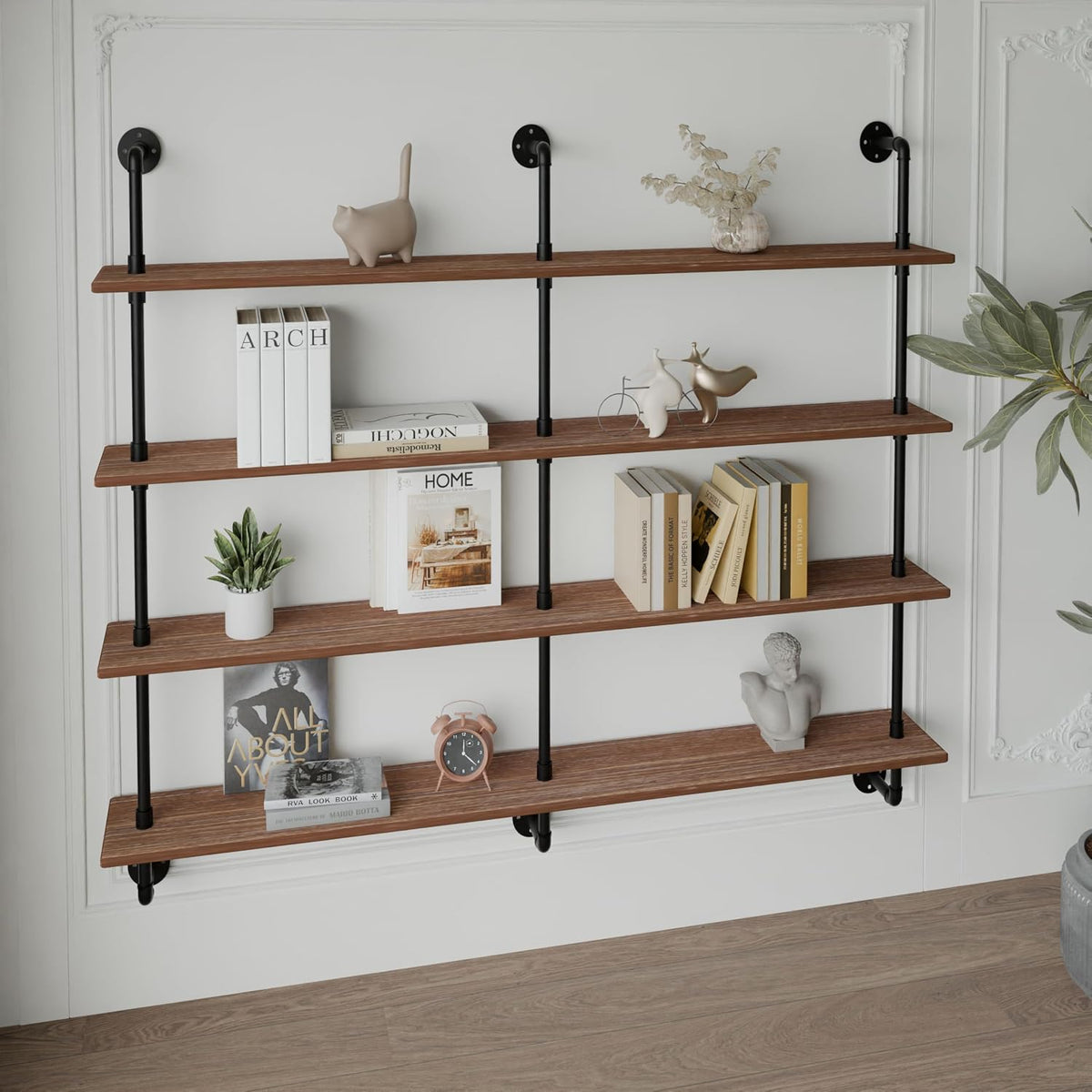 HDDFER Industrial Pipe Floating Shelves, 48 Inch Rustic Wood Wall Shelf