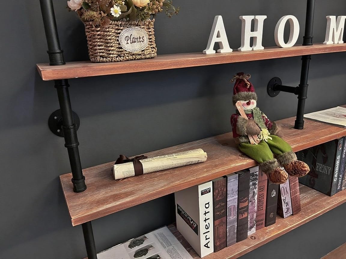 HDDFER Industrial Pipe Floating Shelves, 48 Inch Rustic Wood Wall Shelf