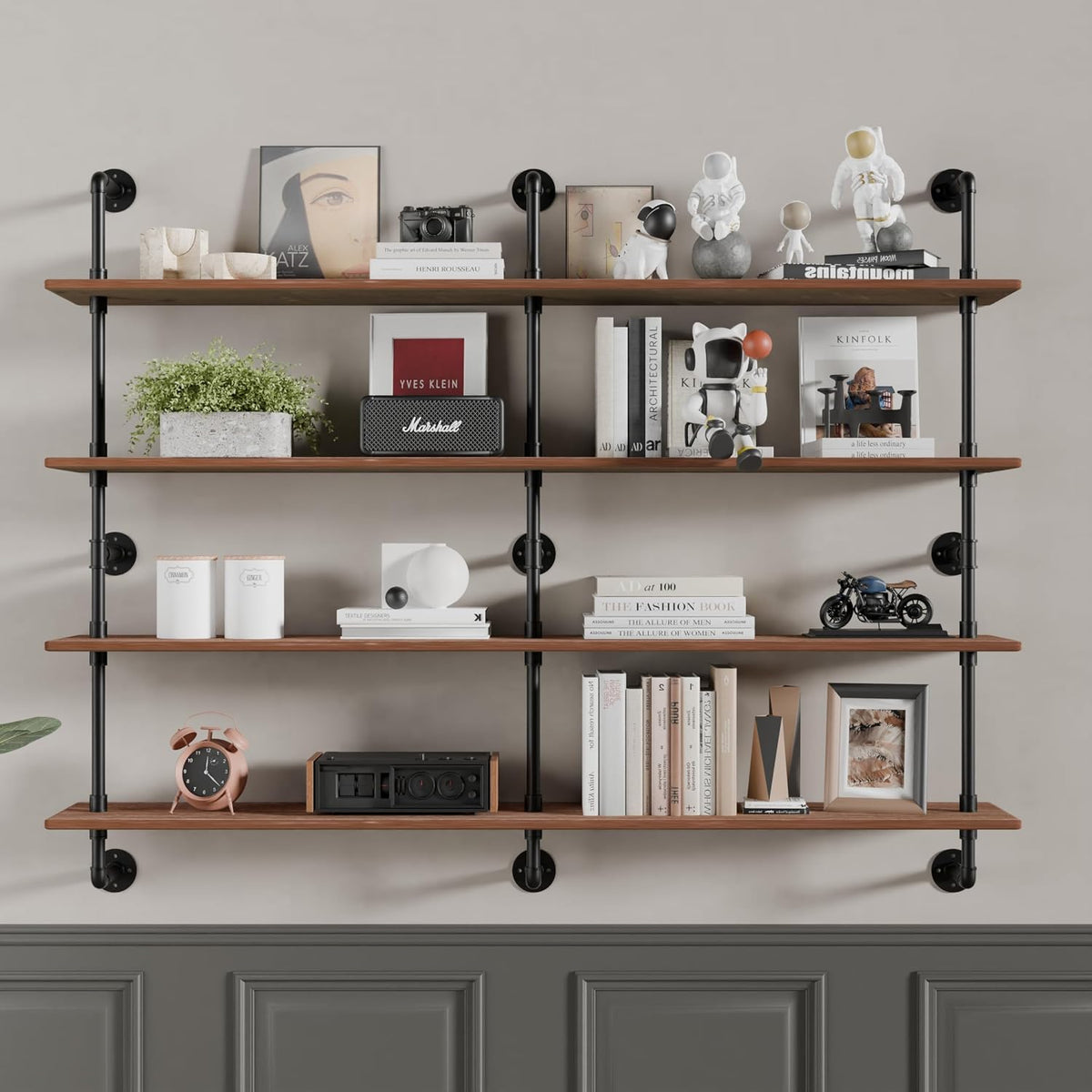 HDDFER Industrial Pipe Floating Shelves, 48 Inch Rustic Wood Wall Shelf