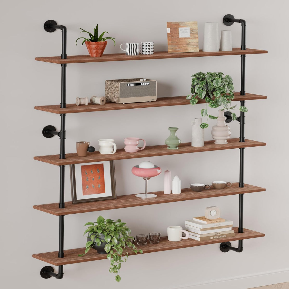 HDDFER Industrial Pipe Floating Shelves, 48 Inch Rustic Wood Wall Shelf
