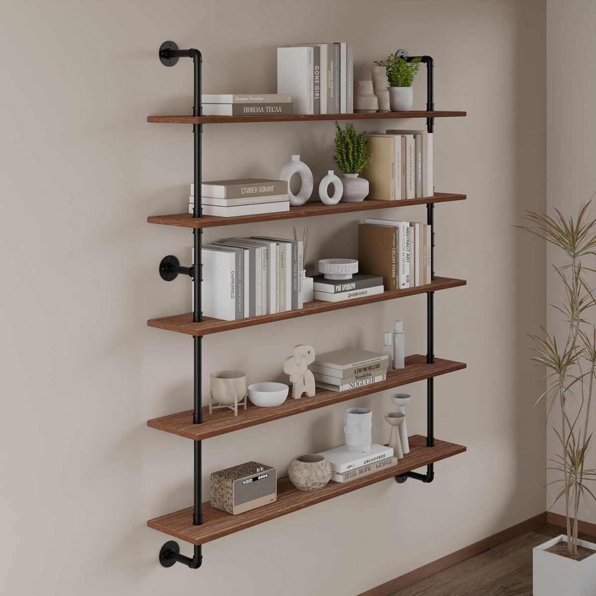 HDDFER Industrial Pipe Floating Shelves, 48 Inch Rustic Wood Wall Shelf
