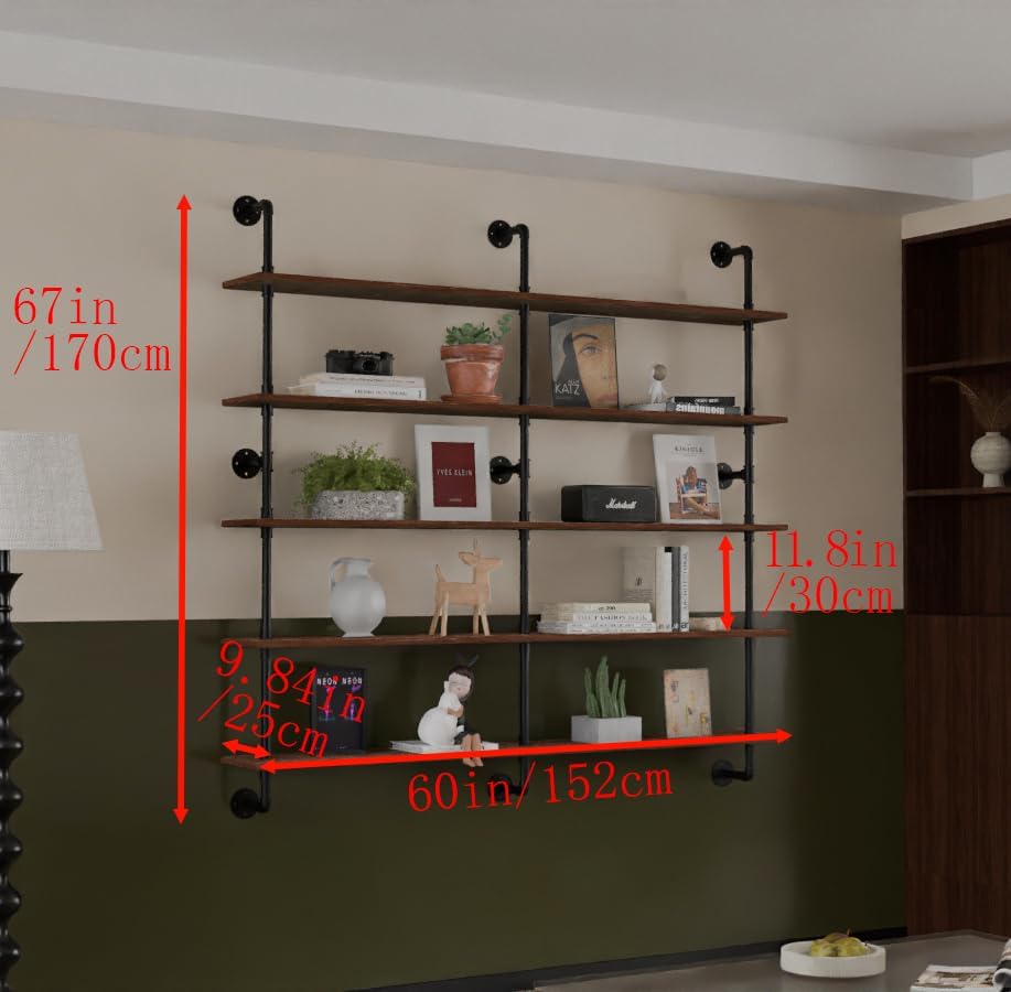 HDDFER Industrial Pipe Floating Shelves, 48 Inch Rustic Wood Wall Shelf