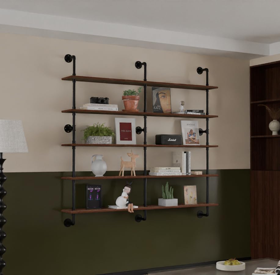 HDDFER Industrial Pipe Floating Shelves, 48 Inch Rustic Wood Wall Shelf