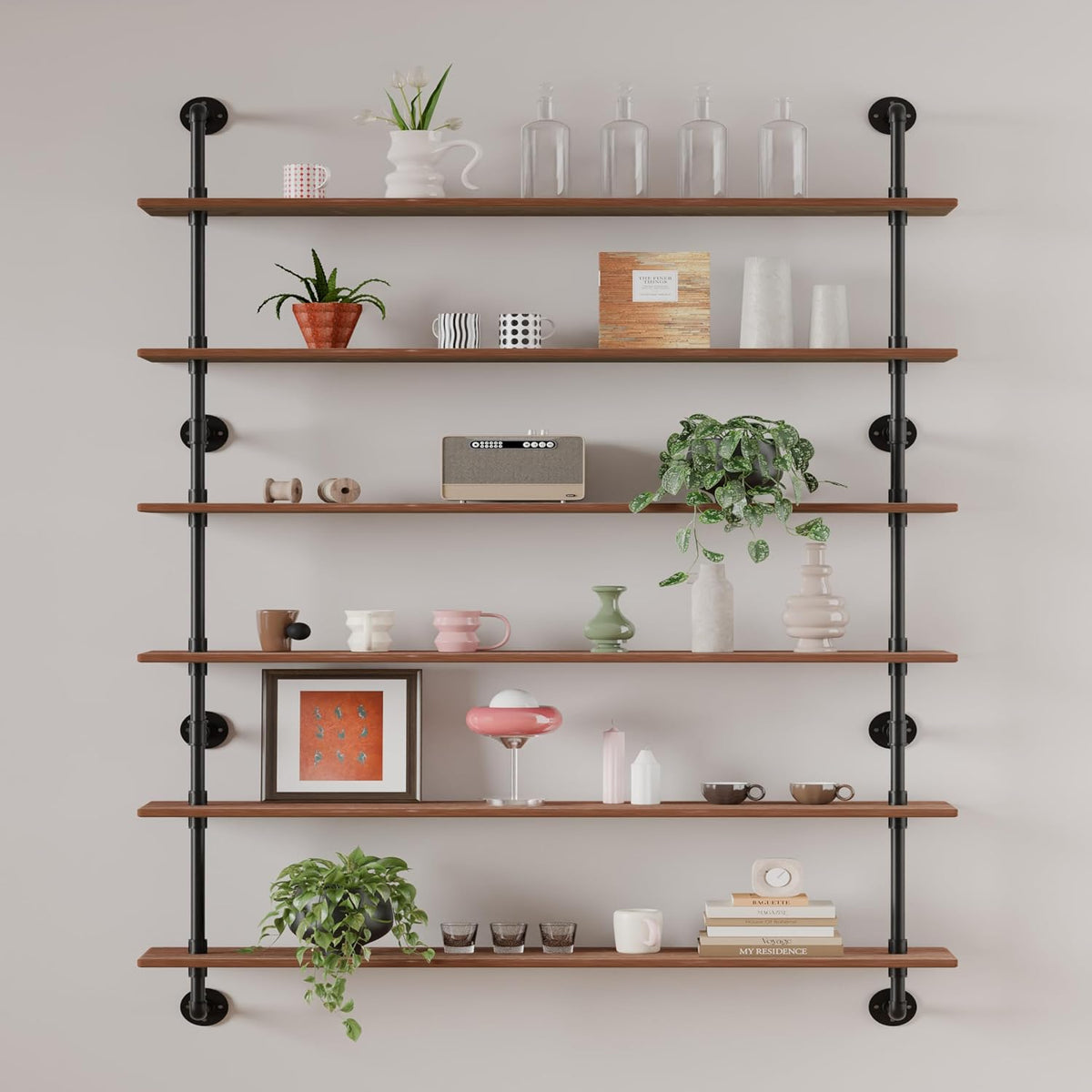 HDDFER Industrial Pipe Floating Shelves, 48 Inch Rustic Wood Wall Shelf