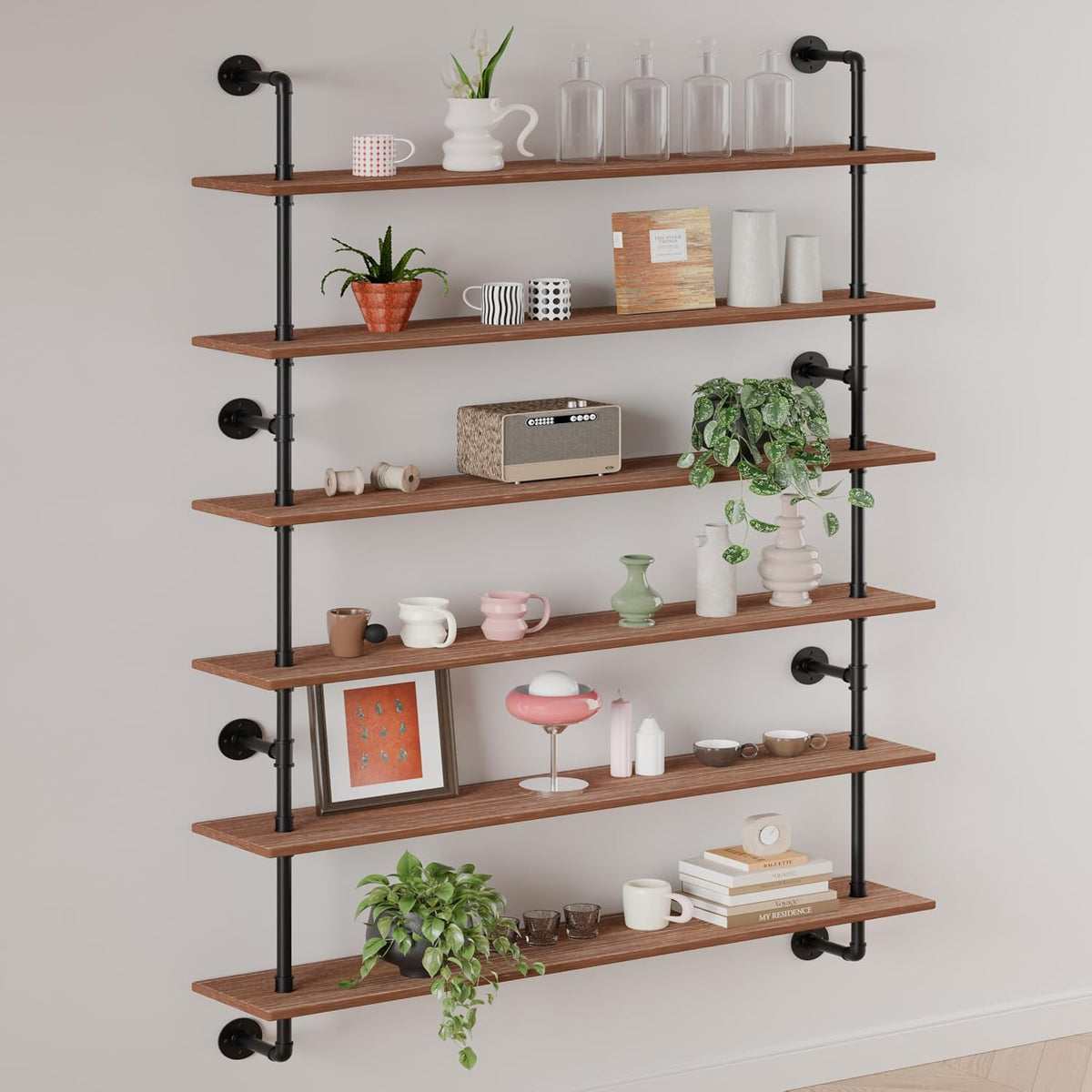 HDDFER Industrial Pipe Floating Shelves, 48 Inch Rustic Wood Wall Shelf