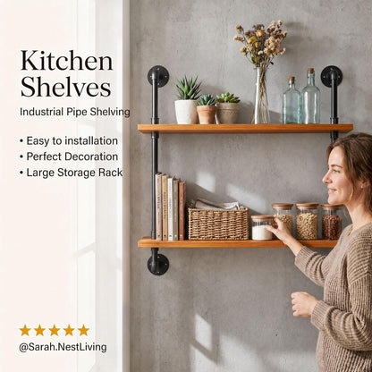 HDDFER Industrial Pipe Floating Shelves, 48 Inch Rustic Wood Wall Shelf