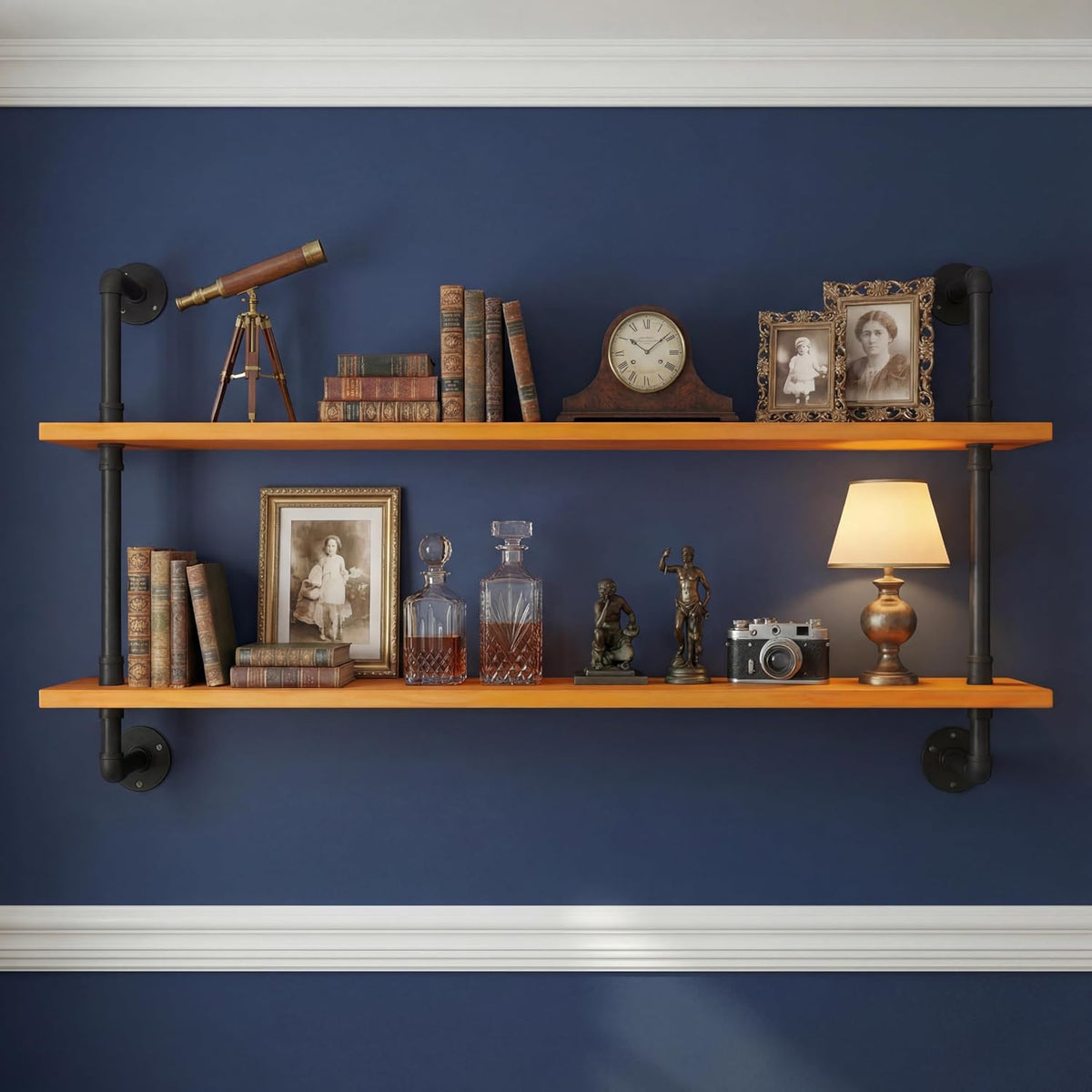 HDDFER Industrial Pipe Floating Shelves, 48 Inch Rustic Wood Wall Shelf
