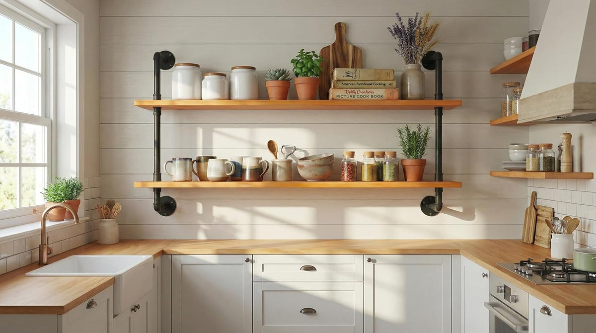 HDDFER Industrial Pipe Floating Shelves, 48 Inch Rustic Wood Wall Shelf