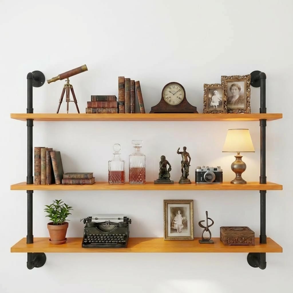 HDDFER Industrial Pipe Floating Shelves, 48 Inch Rustic Wood Wall Shelf