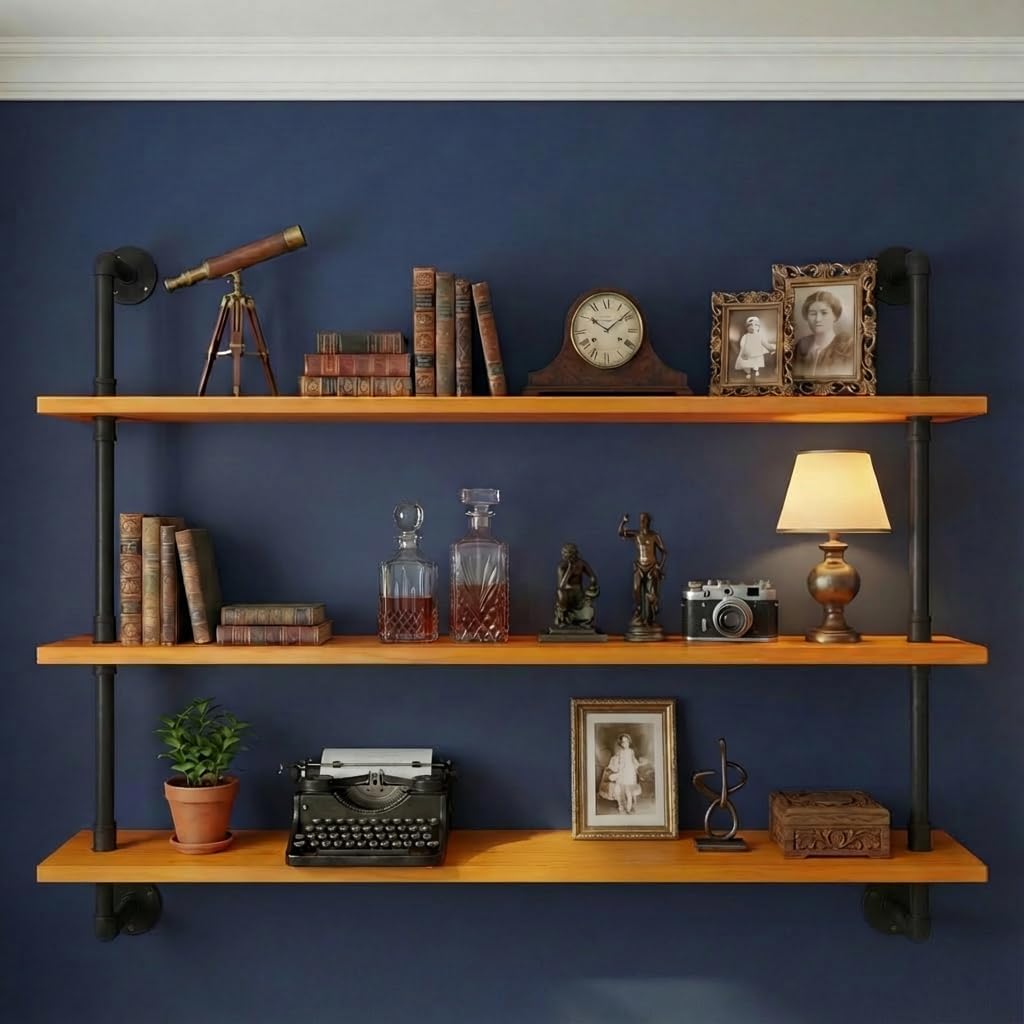 HDDFER Industrial Pipe Floating Shelves, 48 Inch Rustic Wood Wall Shelf