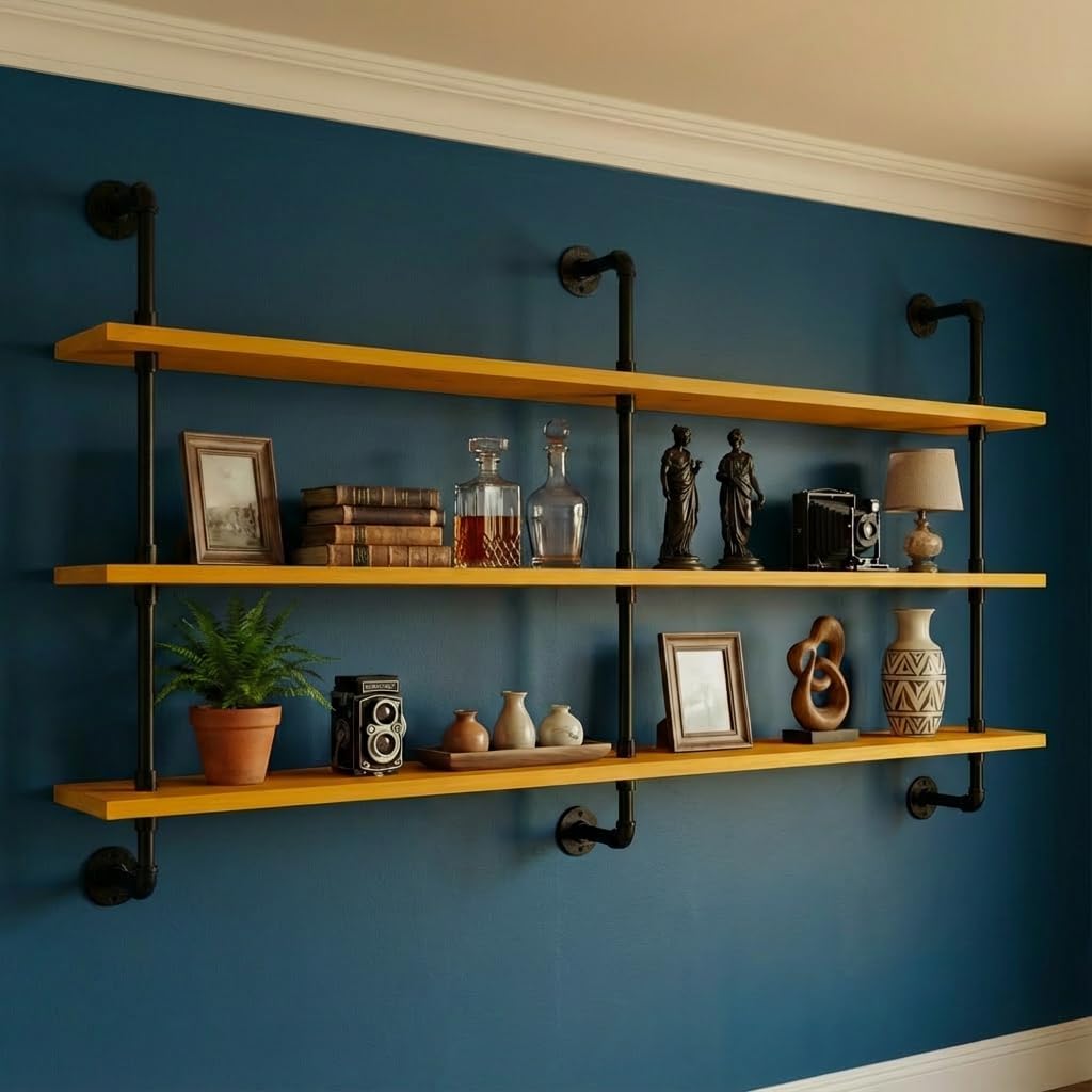 HDDFER Industrial Pipe Floating Shelves, 48 Inch Rustic Wood Wall Shelf