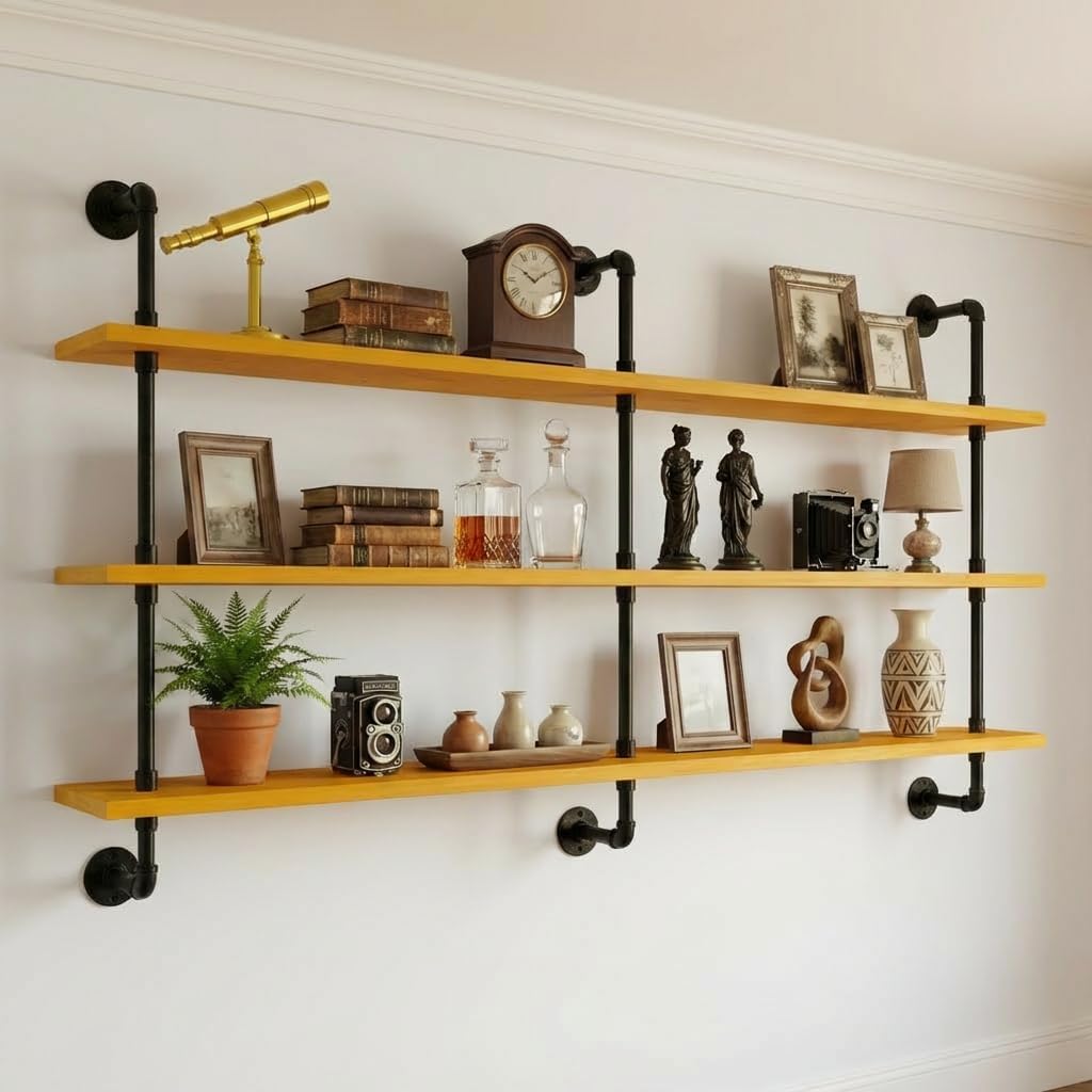HDDFER Industrial Pipe Floating Shelves, 48 Inch Rustic Wood Wall Shelf