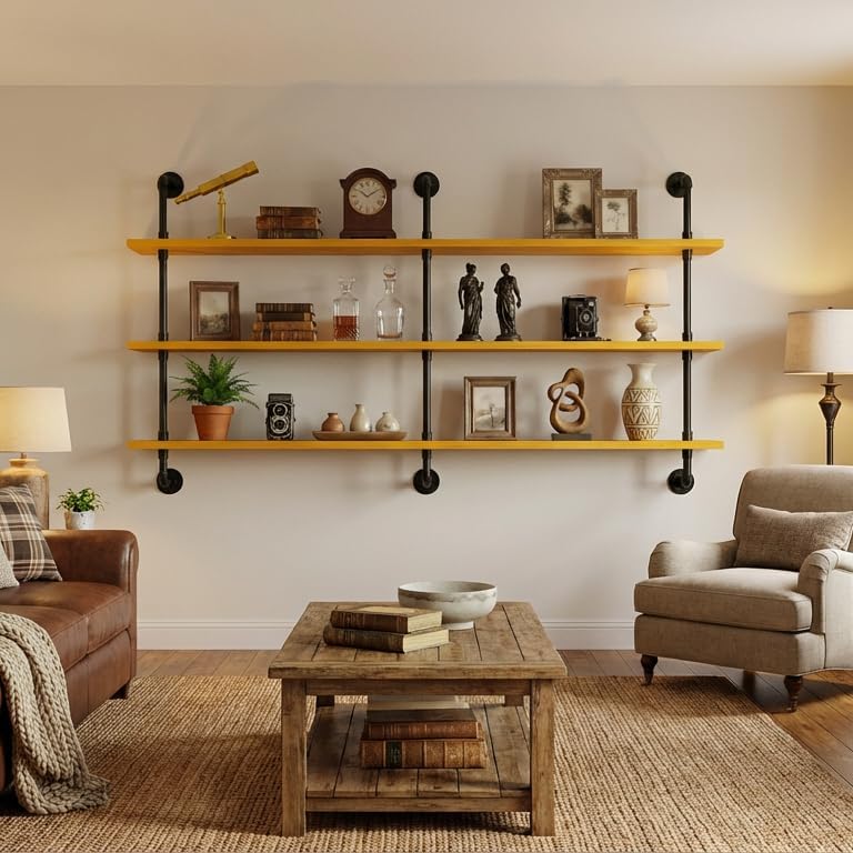 HDDFER Industrial Pipe Floating Shelves, 48 Inch Rustic Wood Wall Shelf