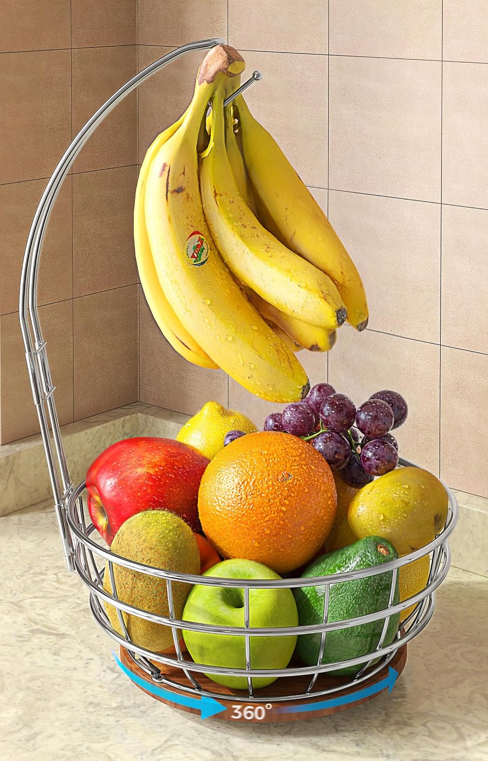 360° Rotating Fruit Bowl for Kitchen Counter with Banana Holder, Silvery