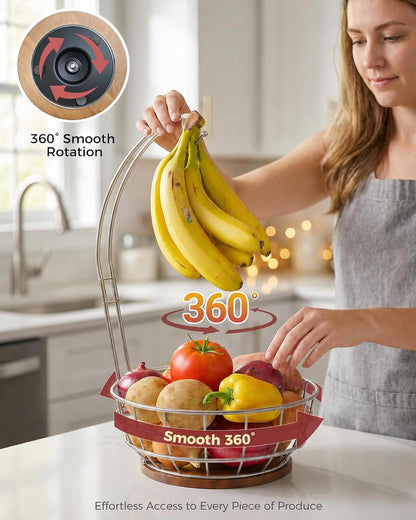 360° Rotating Fruit Bowl for Kitchen Counter with Banana Holder, Silvery