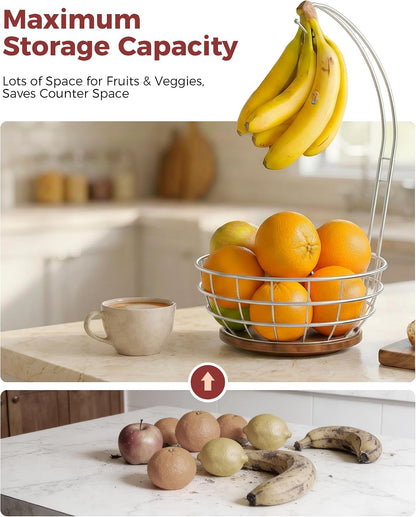 360° Rotating Fruit Bowl for Kitchen Counter with Banana Holder, Silvery
