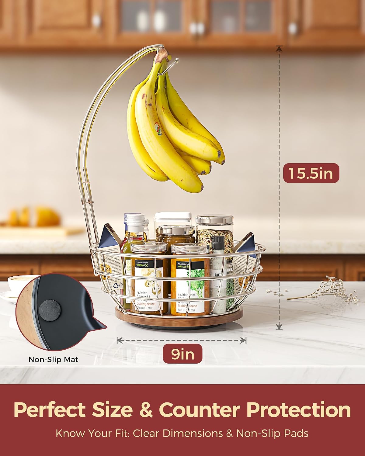 360° Rotating Fruit Bowl for Kitchen Counter with Banana Holder, Silvery