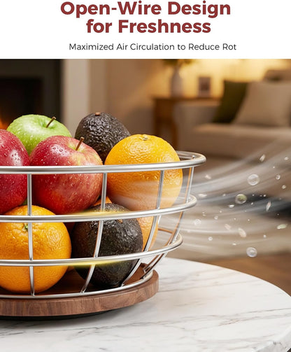 360° Rotating Fruit Bowl for Kitchen Counter with Banana Holder, Silvery