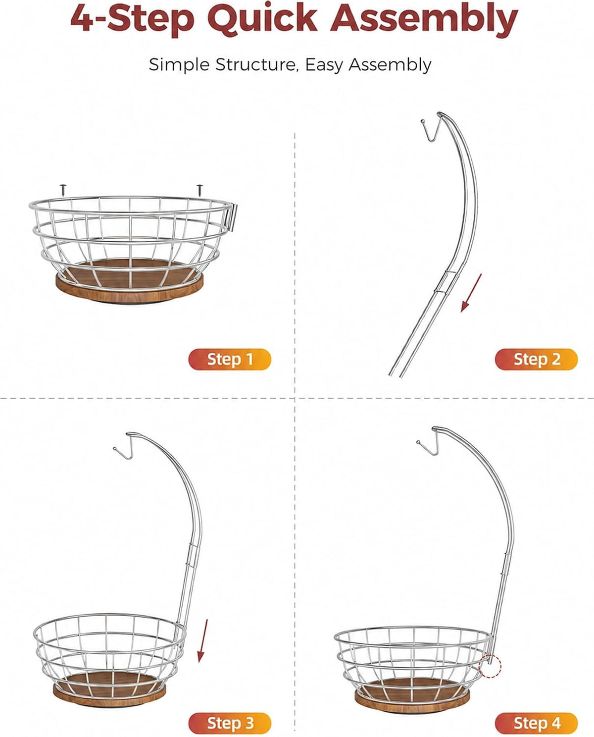 360° Rotating Fruit Bowl for Kitchen Counter with Banana Holder, Silvery