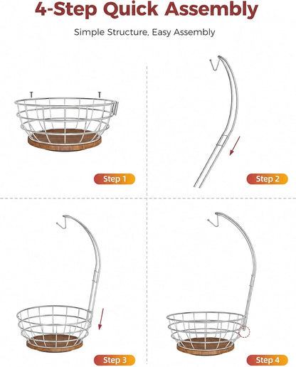 360° Rotating Fruit Bowl for Kitchen Counter with Banana Holder, Silvery