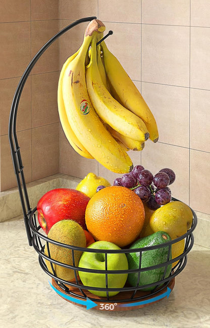 360° Rotating Fruit Bowl for Kitchen Counter with Banana Holder, Silvery