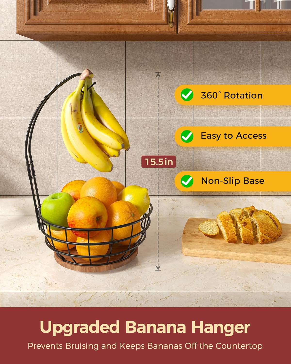 360° Rotating Fruit Bowl for Kitchen Counter with Banana Holder, Silvery