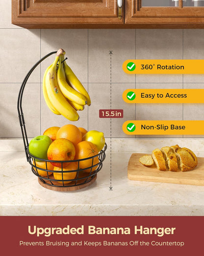 360° Rotating Fruit Bowl for Kitchen Counter with Banana Holder, Silvery