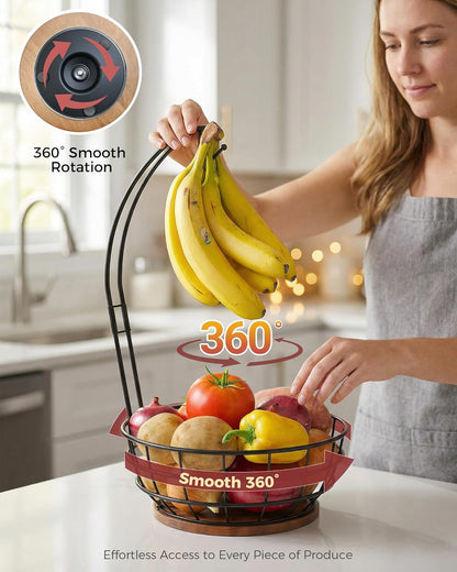 360° Rotating Fruit Bowl for Kitchen Counter with Banana Holder, Silvery