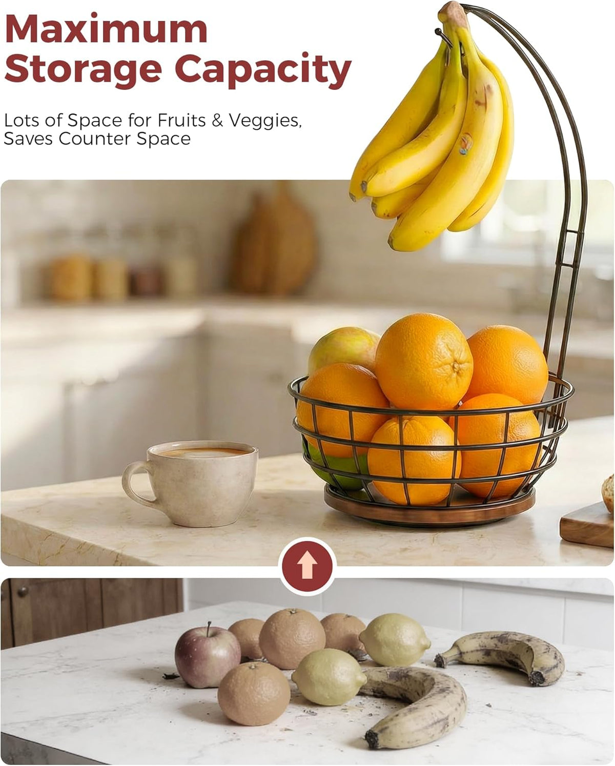 360° Rotating Fruit Bowl for Kitchen Counter with Banana Holder, Silvery