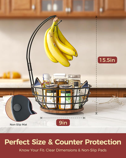360° Rotating Fruit Bowl for Kitchen Counter with Banana Holder, Silvery