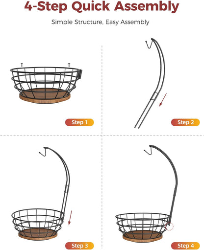360° Rotating Fruit Bowl for Kitchen Counter with Banana Holder, Silvery