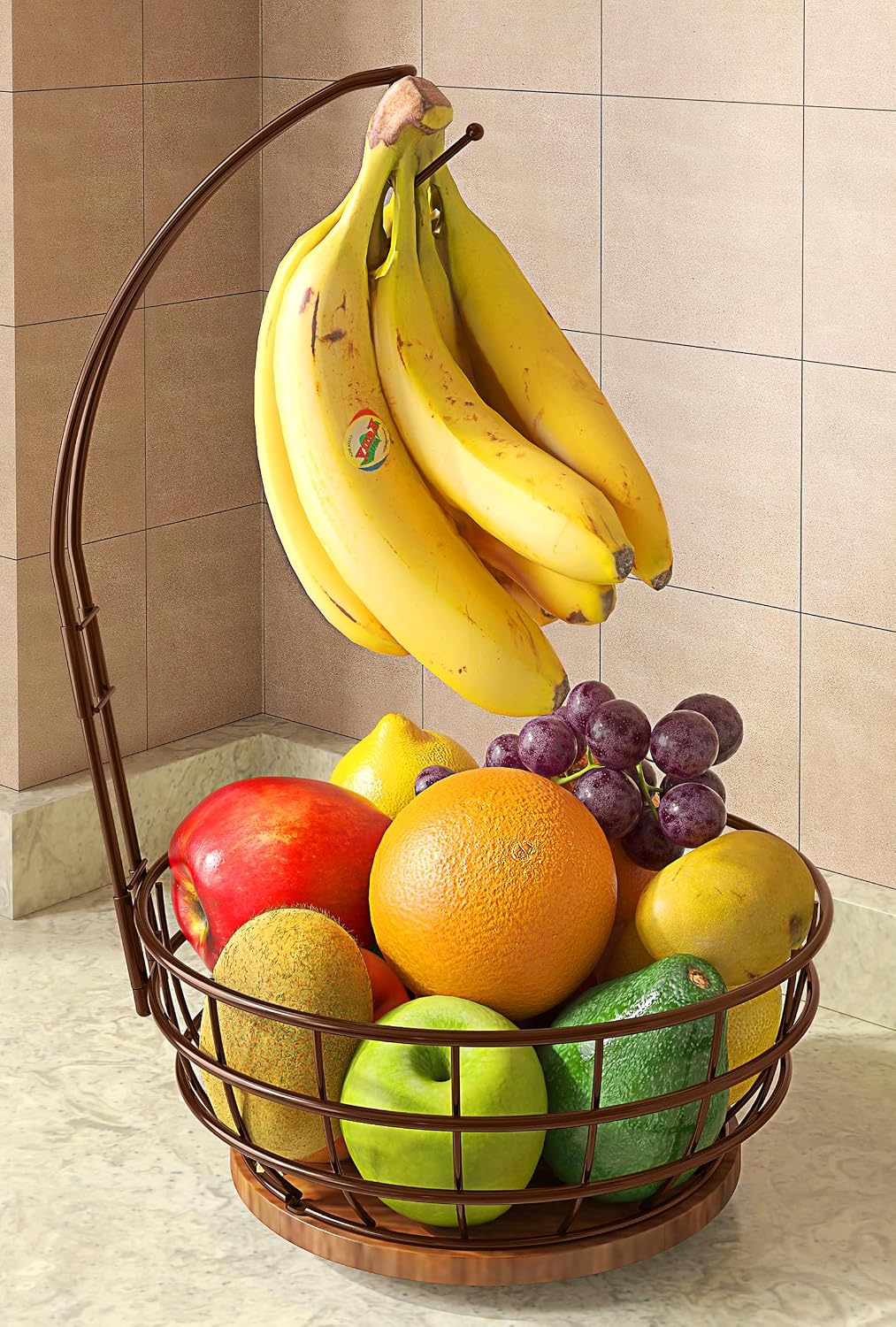 360° Rotating Fruit Bowl for Kitchen Counter with Banana Holder, Silvery