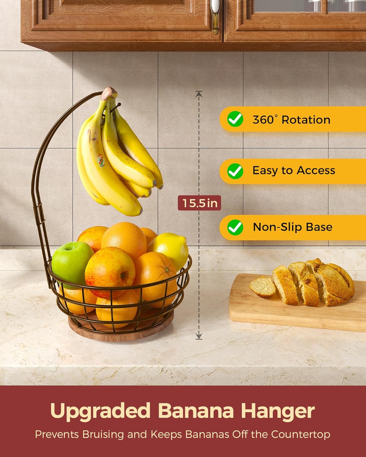 360° Rotating Fruit Bowl for Kitchen Counter with Banana Holder, Silvery