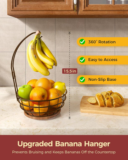 360° Rotating Fruit Bowl for Kitchen Counter with Banana Holder, Silvery