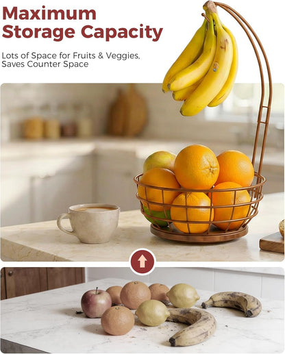 360° Rotating Fruit Bowl for Kitchen Counter with Banana Holder, Silvery