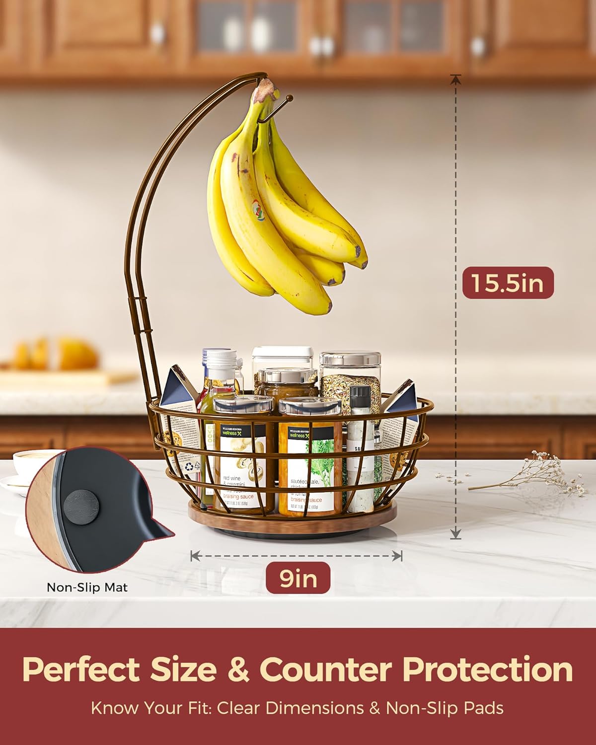 360° Rotating Fruit Bowl for Kitchen Counter with Banana Holder, Silvery